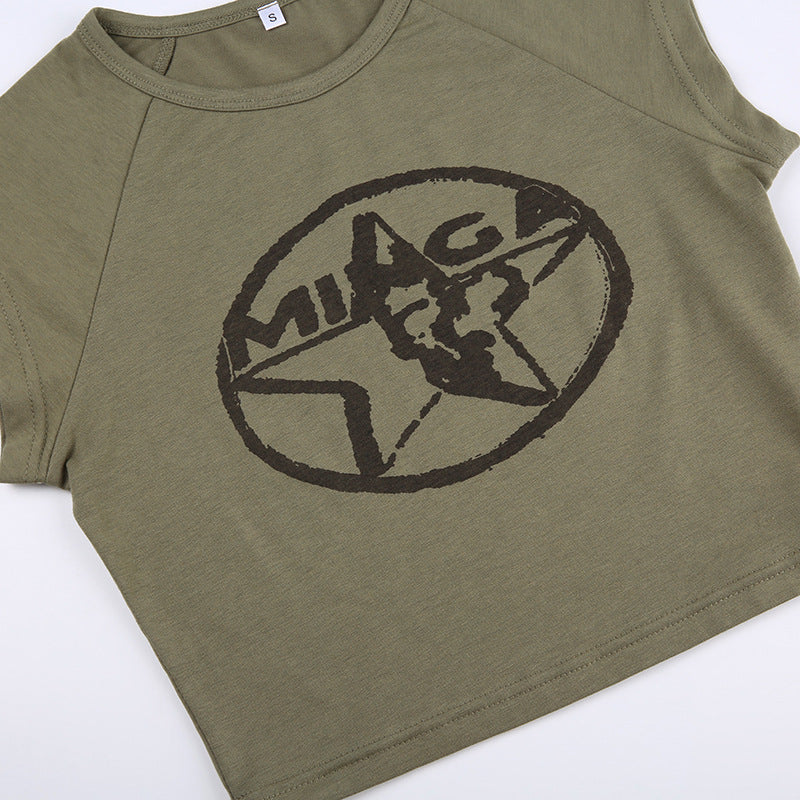 Army Green Star Printed Top