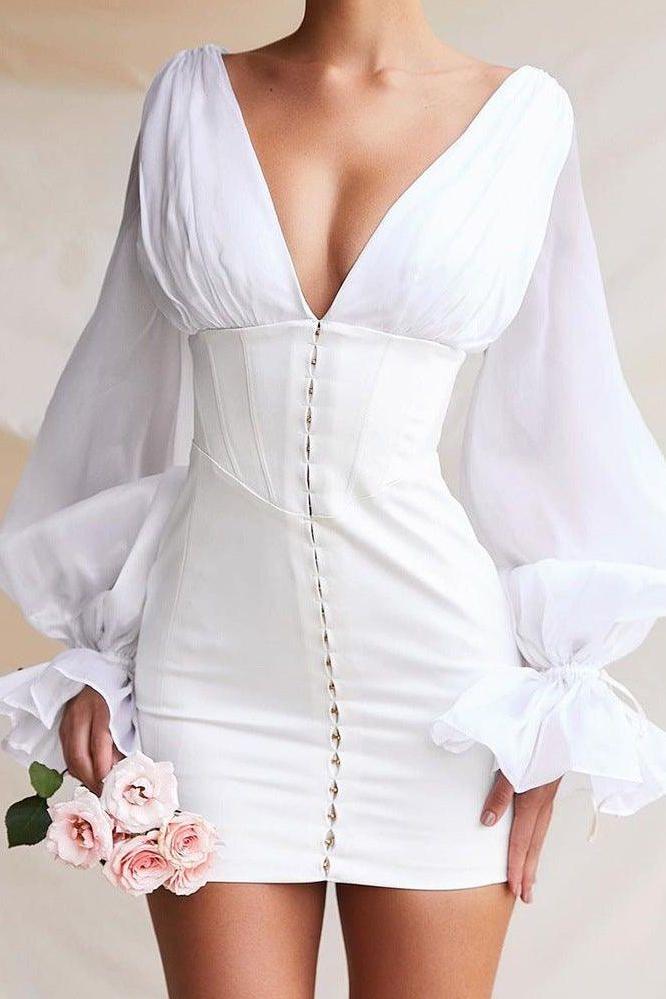 Lantern sleeves deep V waist white slim dress
