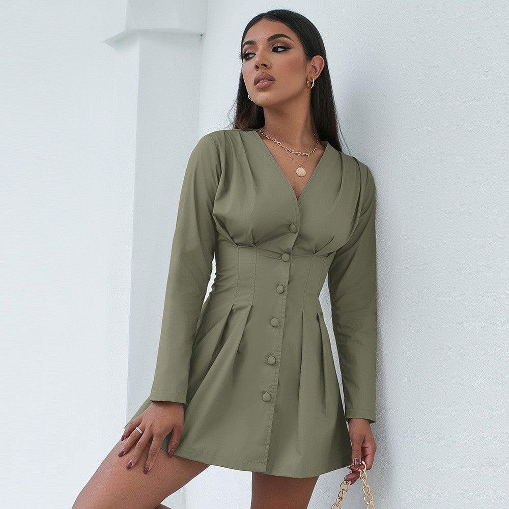 V-neck fold waist button shirt dress