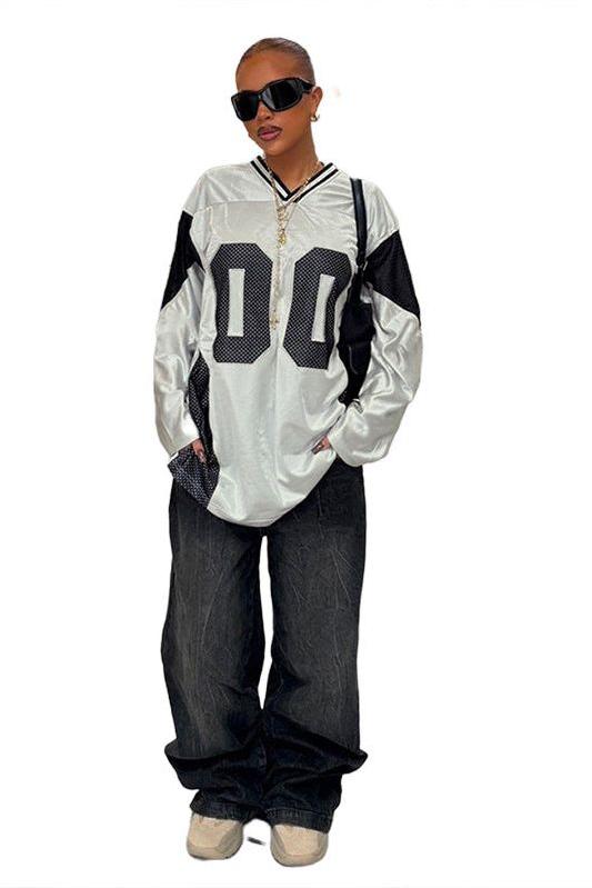 V-neck Mesh Splicing Long-sleeved T-shirt
