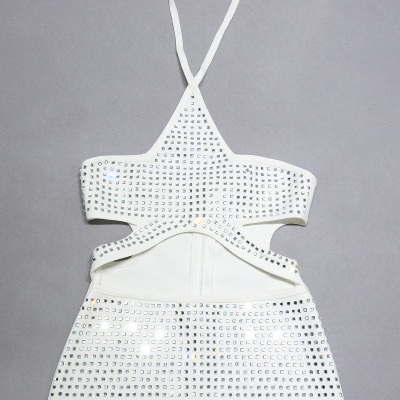 White Halter Diamond Setting Bandage Dress