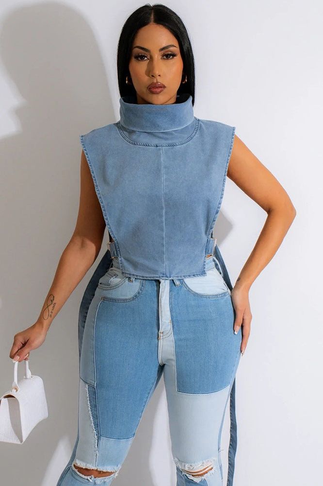 High collar sleeveless denim short vest