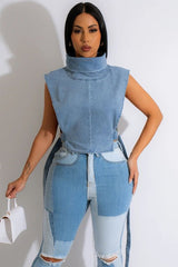 High collar sleeveless denim short vest
