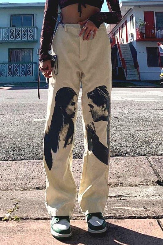 Love portrait print casual straight pants