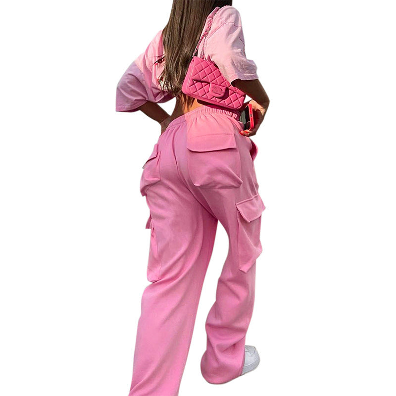 Elastic pocket waist straps drawstring pants