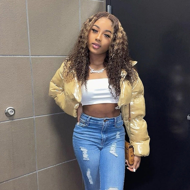 Fall  Clothing Sexy Casual Cropped Stand Collar Loose Short Cotton Coat Jacket