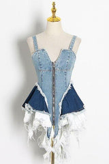 lotus leaf stitching slim blue denim dress