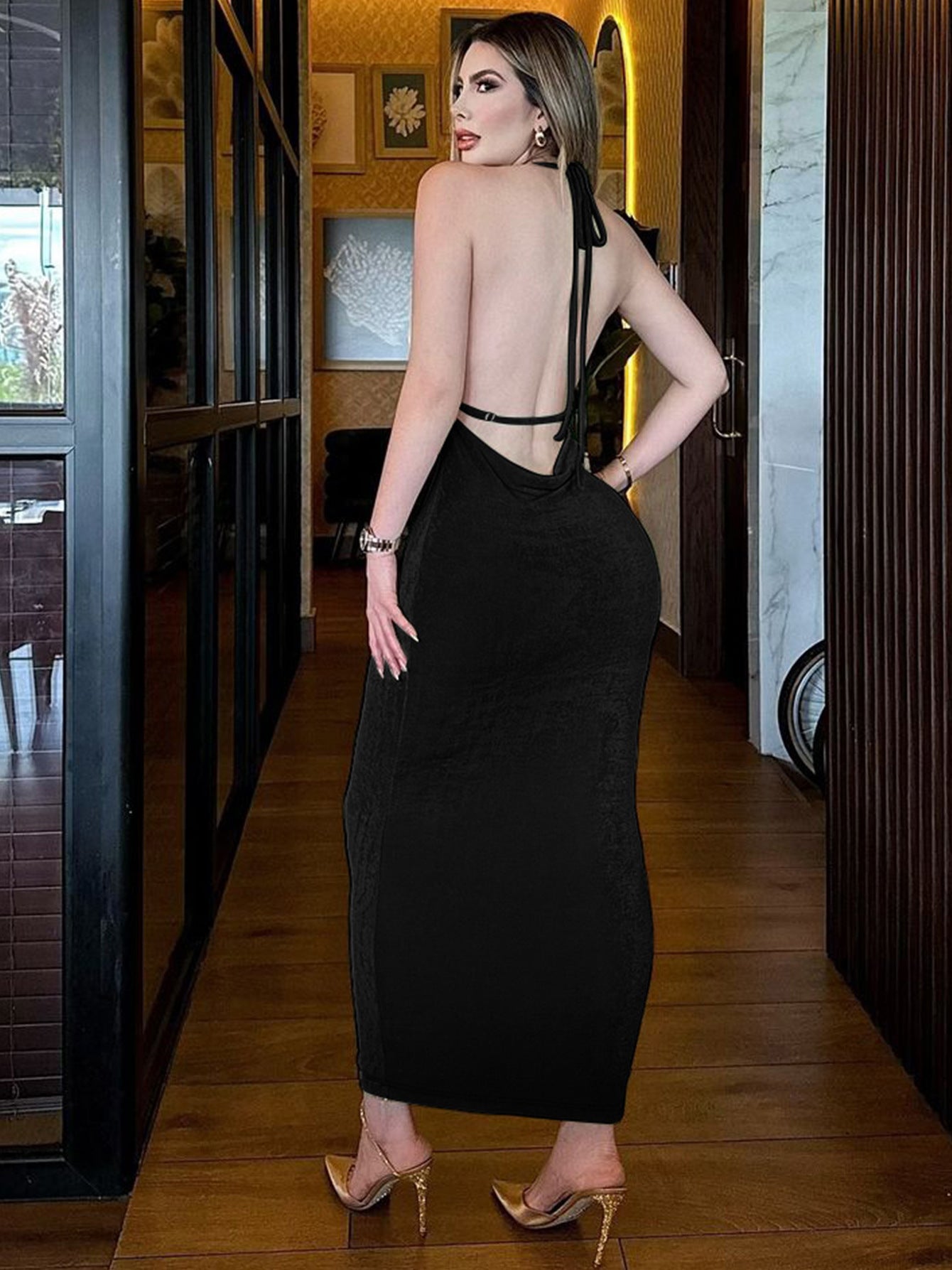Halter Neck V Neck Backless Dress