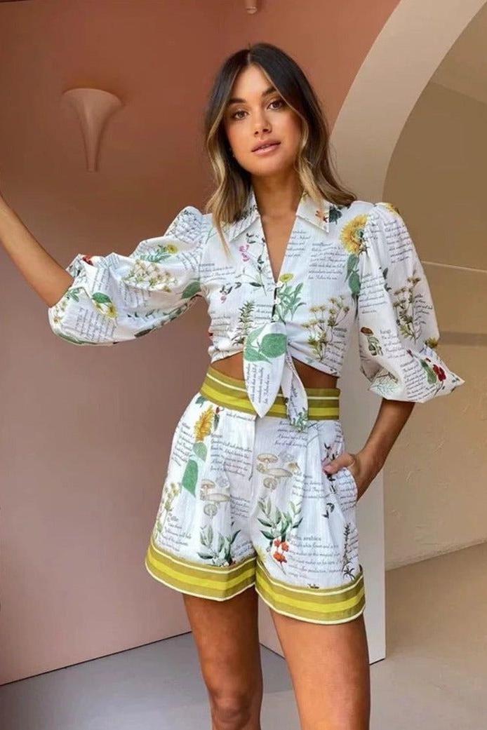 Belly-Revealing Short Top High Waist Shorts Suit