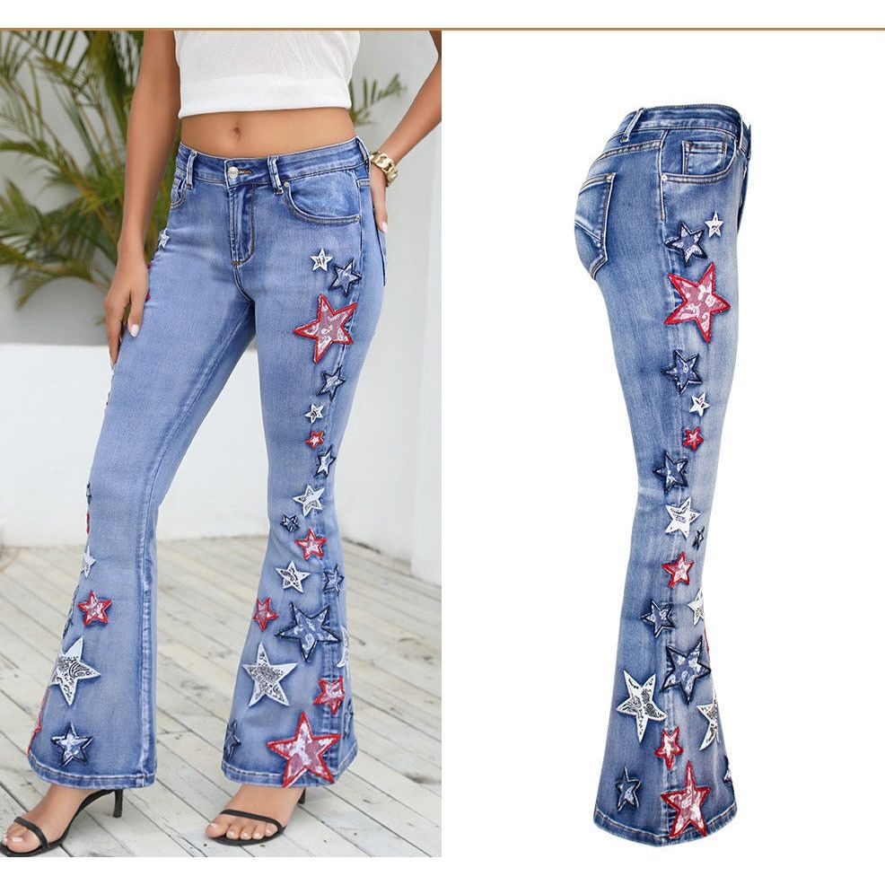Wide-Leg Denim Bell-Bottom Pants