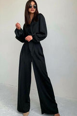 Two-piece casual suit V neck and high waist trousers