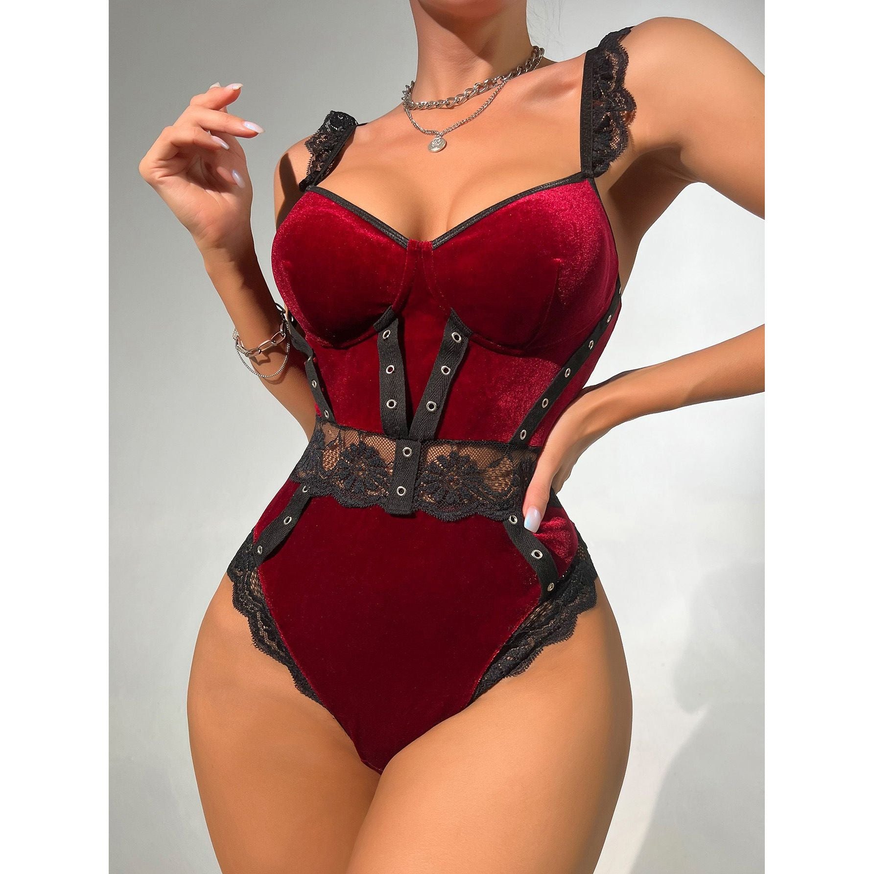 Velvet lace sexy bodysuit