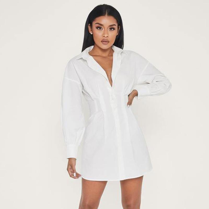 white belted tie shirt long sleeve dress