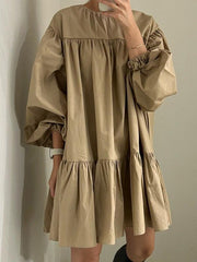 VibeMartini-Simple Crew Neck Pleated Casual Balloon Sleeve Dress