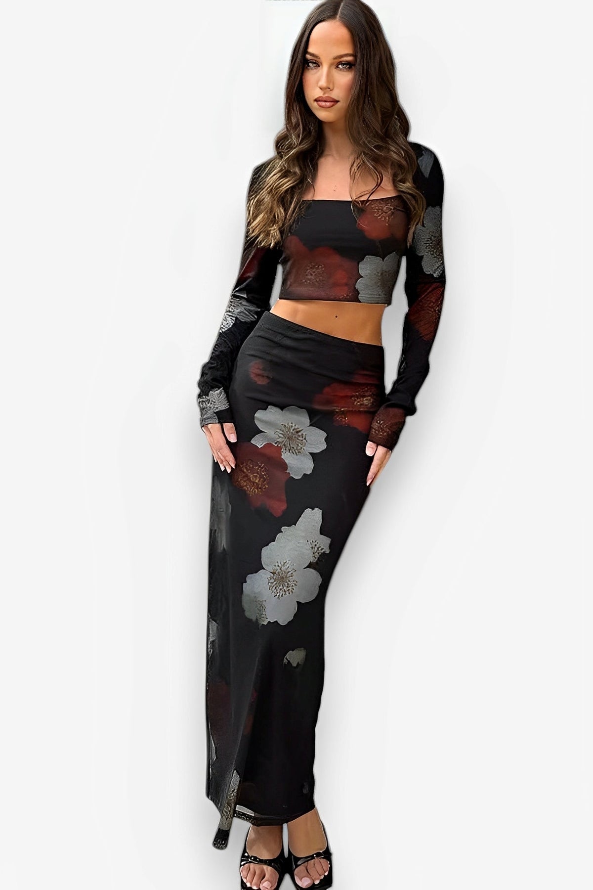 Long-Sleeved Floral Printed Skirt Suit