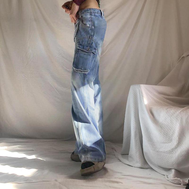 American washed multi-pocket jeans pants