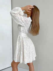 White Hollow Jacquard Lantern Sleeve Dress