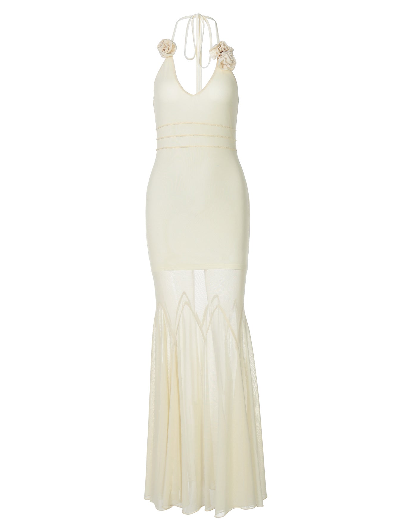 U-Neck Mesh Three-Dimensional Rose Halter Neck Dress