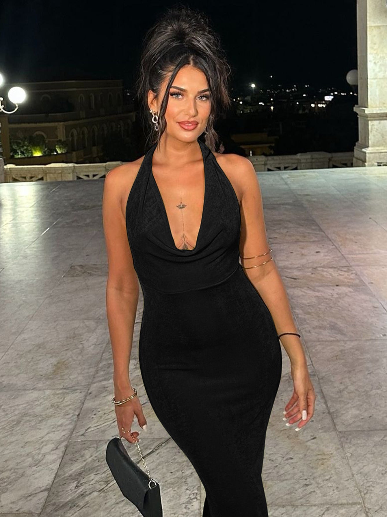 Halter Neck V Neck Backless Dress