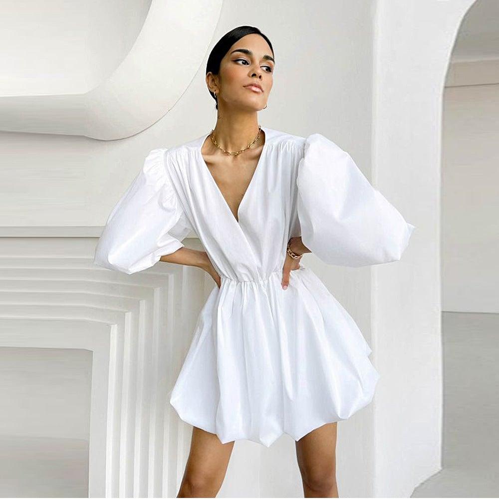 White satin high waist lantern puff sleeve dress