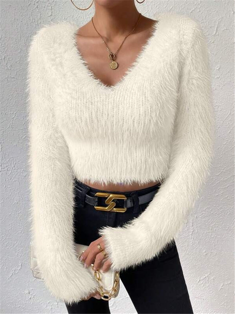 V-neck Slim Plush Short Sweater