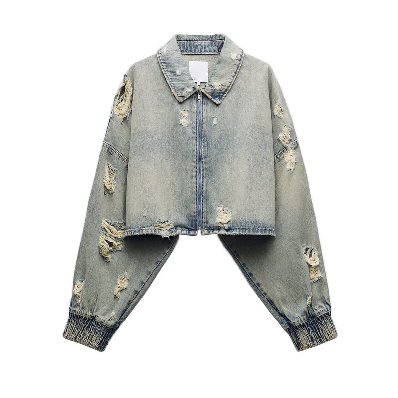 Autumn   Collared Worn Looking Washed out Perforated Hole Decoration Denim Short Jacket