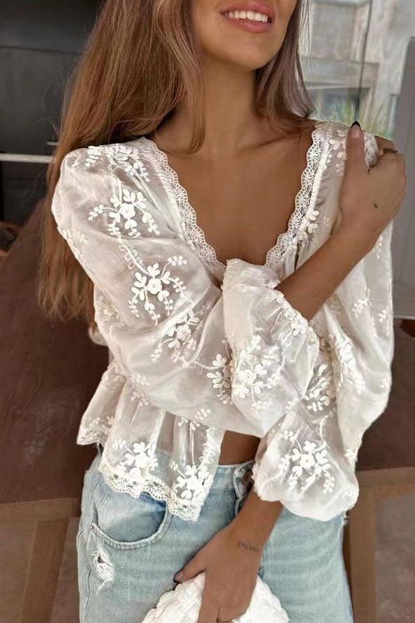 Loose Embroidered Long-Sleeved Shirt