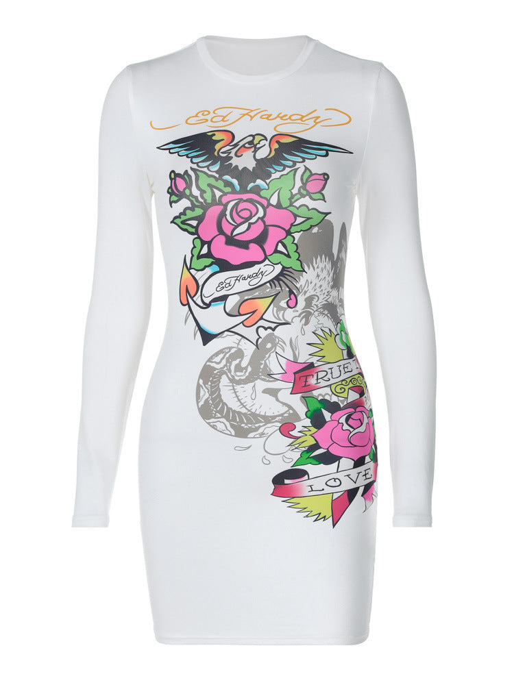 White printed slim urban style dress