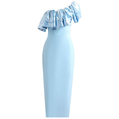 Blue ruffled one-shoulder slim dress