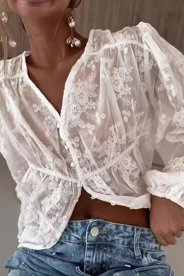 Loose Embroidered Long-Sleeved Shirt