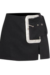 Diamond buckle decoration slit sexy skirt