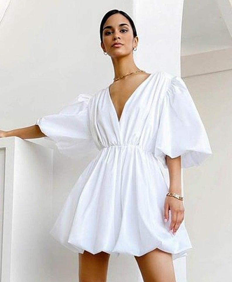 White satin high waist lantern puff sleeve dress