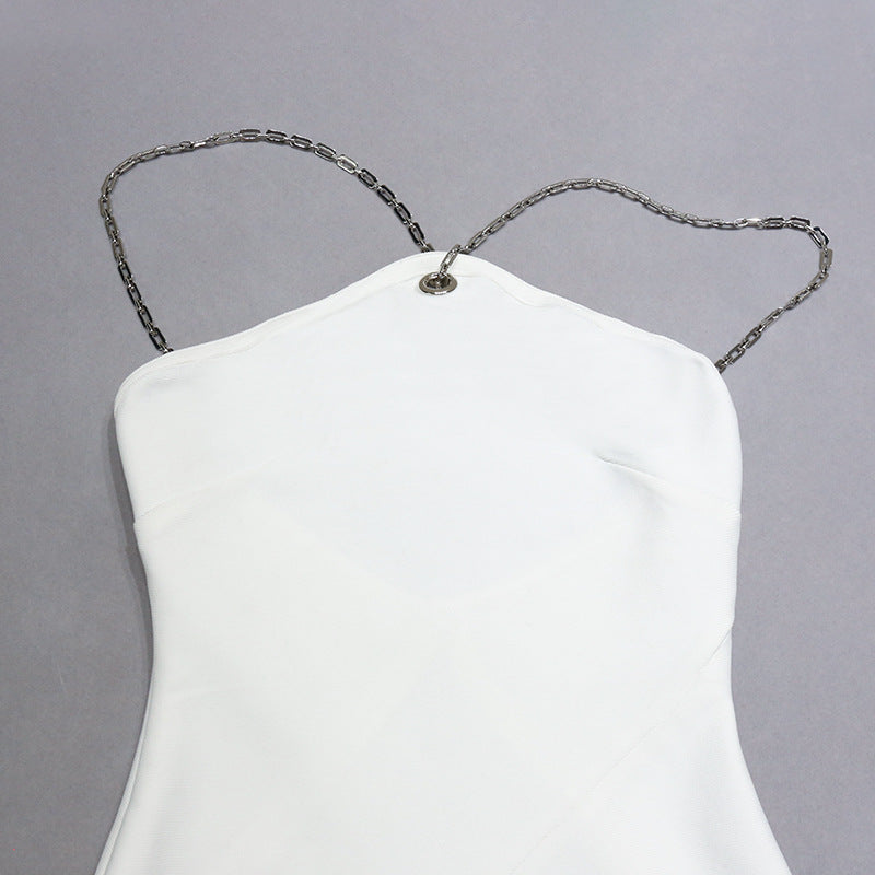 White  Backless Chain Halter Sleeveless Dress