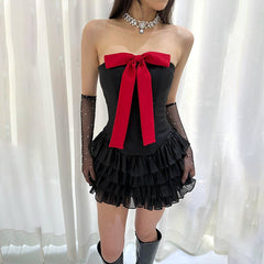 Bow vest spliced lotus leaf dress