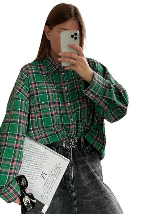 Loose Plaid Jacket Lapel Long-Sleeved Shirt