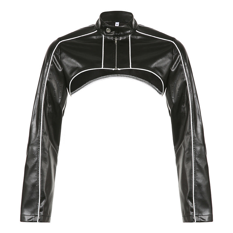 Wrap edge leather short jacket