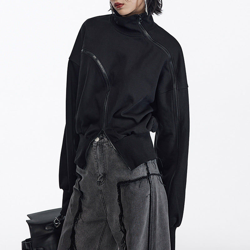 Irregular Zipper Placket Short Sweatshirt