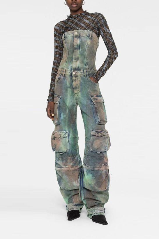Street cargo jumpsuit and mid-waist tie-dye effect