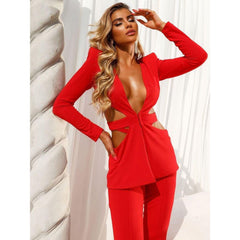 V-Neck Long-Sleeved Wide-Leg Pants Two-Piece Suit