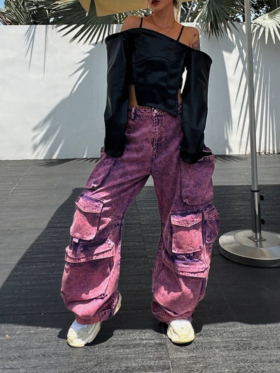 Wide-leg purple cargo pants