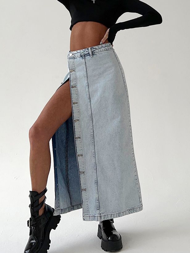 American retro slit denim long skirt