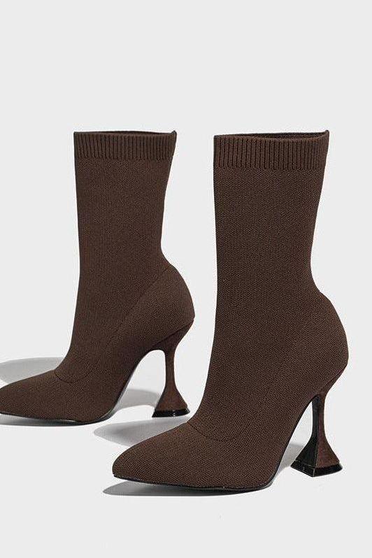 knitted pointed toe mid-tube ankle boots