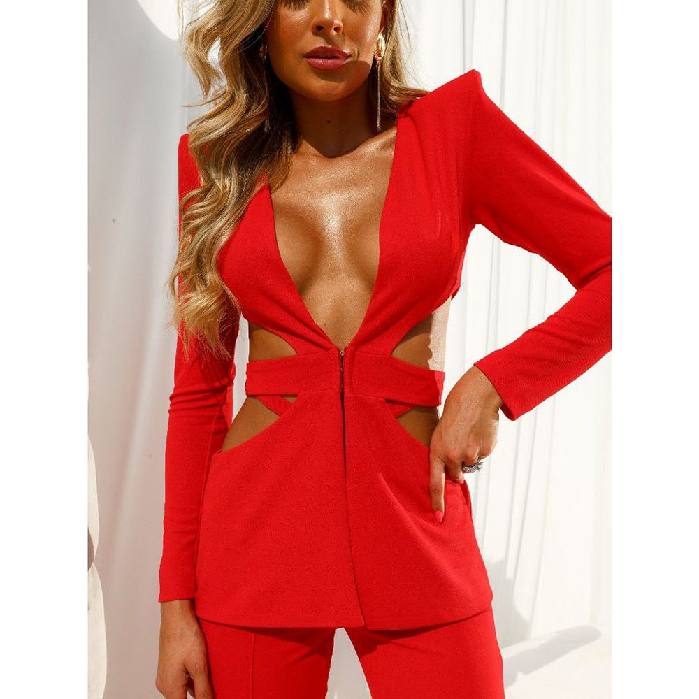 V-Neck Long-Sleeved Wide-Leg Pants Two-Piece Suit