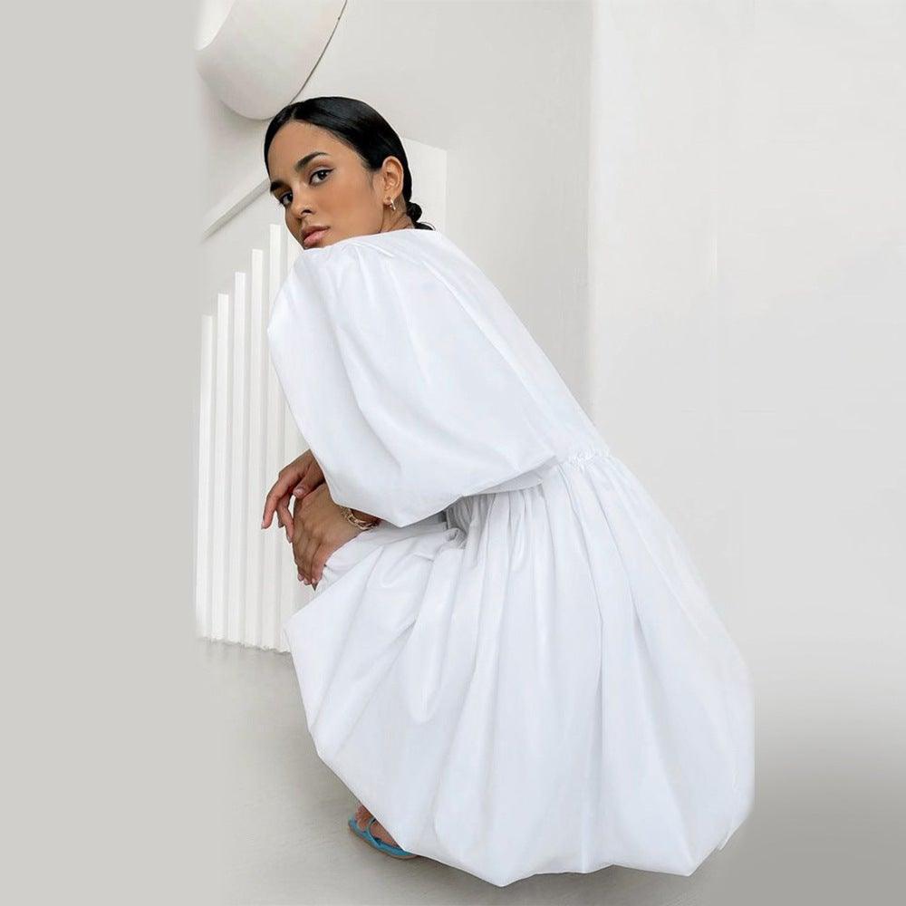 White satin high waist lantern puff sleeve dress