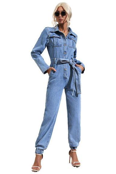 Casual slim fit denim jumpsuit