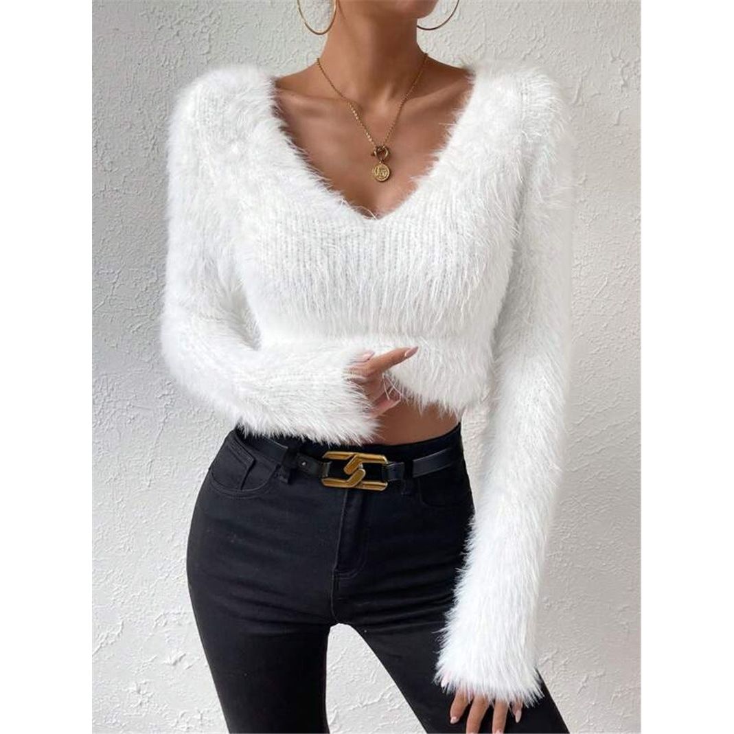 V-neck Slim Plush Short Sweater