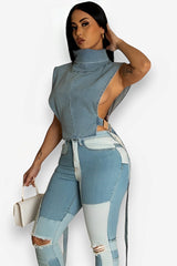 High collar sleeveless denim short vest