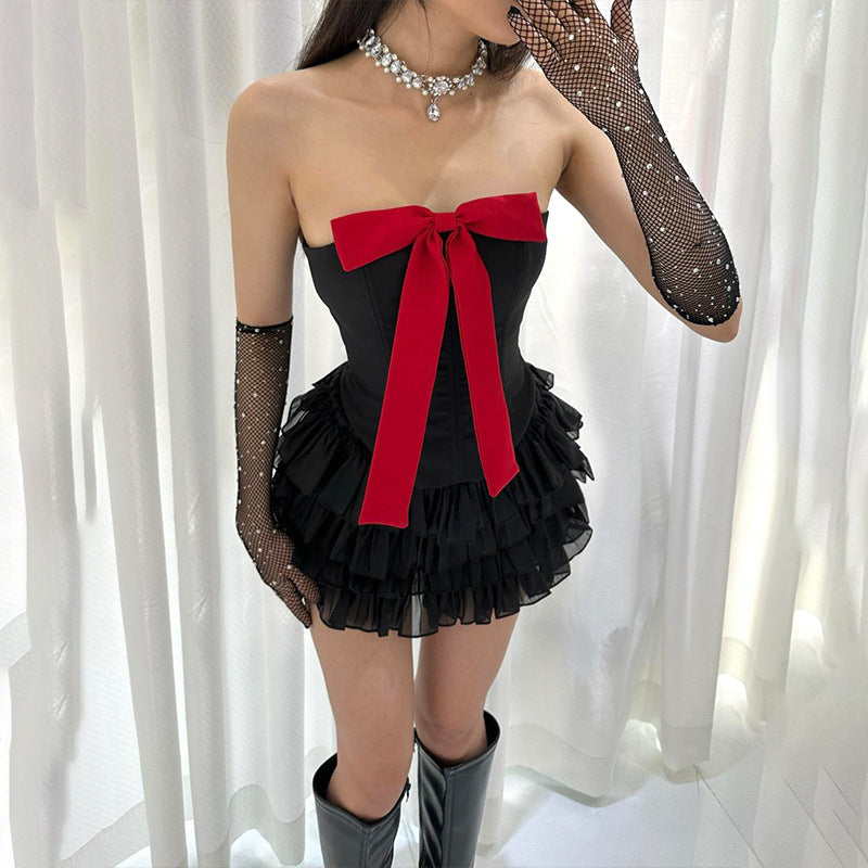 Bow vest spliced lotus leaf dress