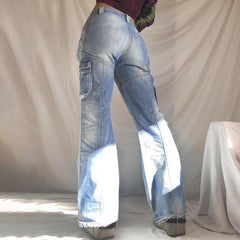 American washed multi-pocket jeans pants