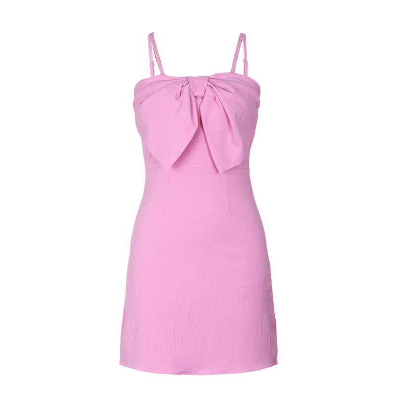 Spaghetti Straps Pink Summer Dress With Bow